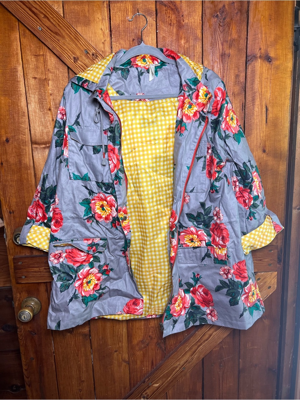 Matilda Jane Gray Floral Utility Jacket with Yellow Gingham Lining